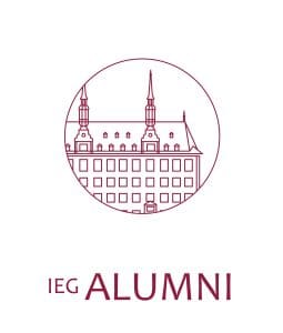 Logo, das das Gebäude Domus Universitatis des IEG abbildet, und den Text "IEG Alumni" enthält