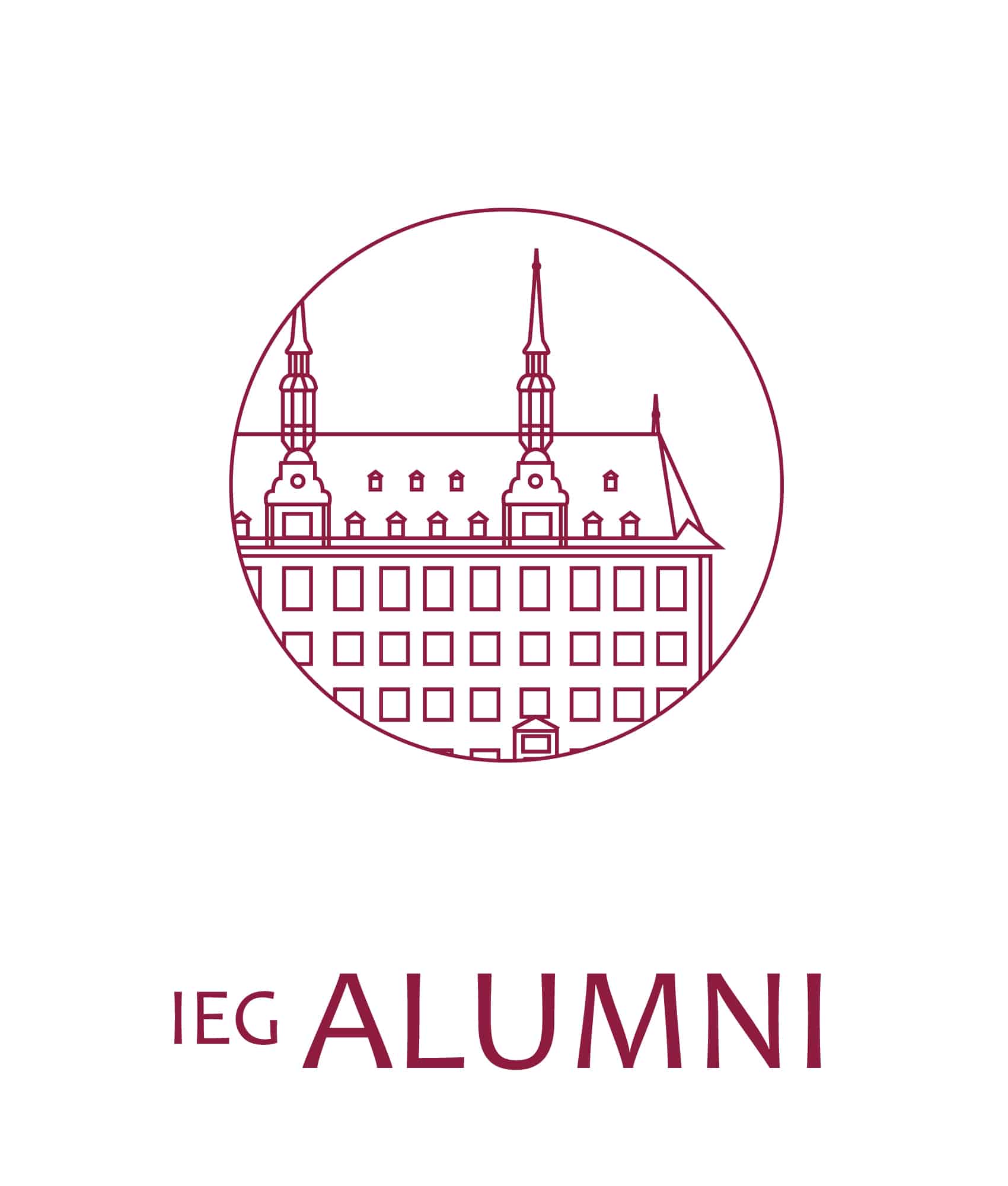 Logo, das das Gebäude Domus Universitatis des IEG abbildet, und den Text "IEG Alumni" enthält